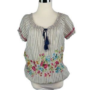 Johnny Was Embroidered Top Floral Stripe XS 3 J Workshop Boho Peasant Blouse